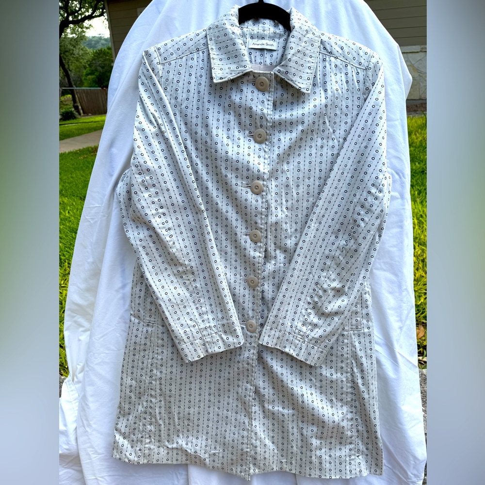 Amanda Smith Cream, Blue, & Brown Patterned Button-Up Trench‎ Coat Size 12